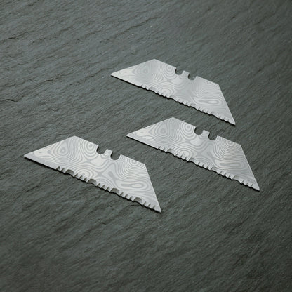 Stinger Survival Tools P01 Partially Serrated Utility Blade Replacement - Laser Engraved Silver Damascus Style (3 pcs)