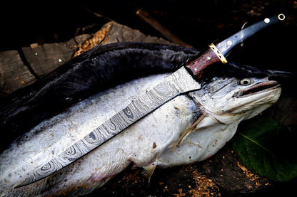 Texan Knives Handmade Damascus Fillet Knife – 13” Buffalo Horn, Rosewood & Brass Handle with Leather Sheath