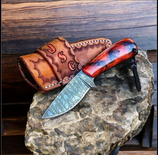 Texan Knives Ranch Cowboy Knives - Damascus Steel Blades with Resin Handle & Leather Case