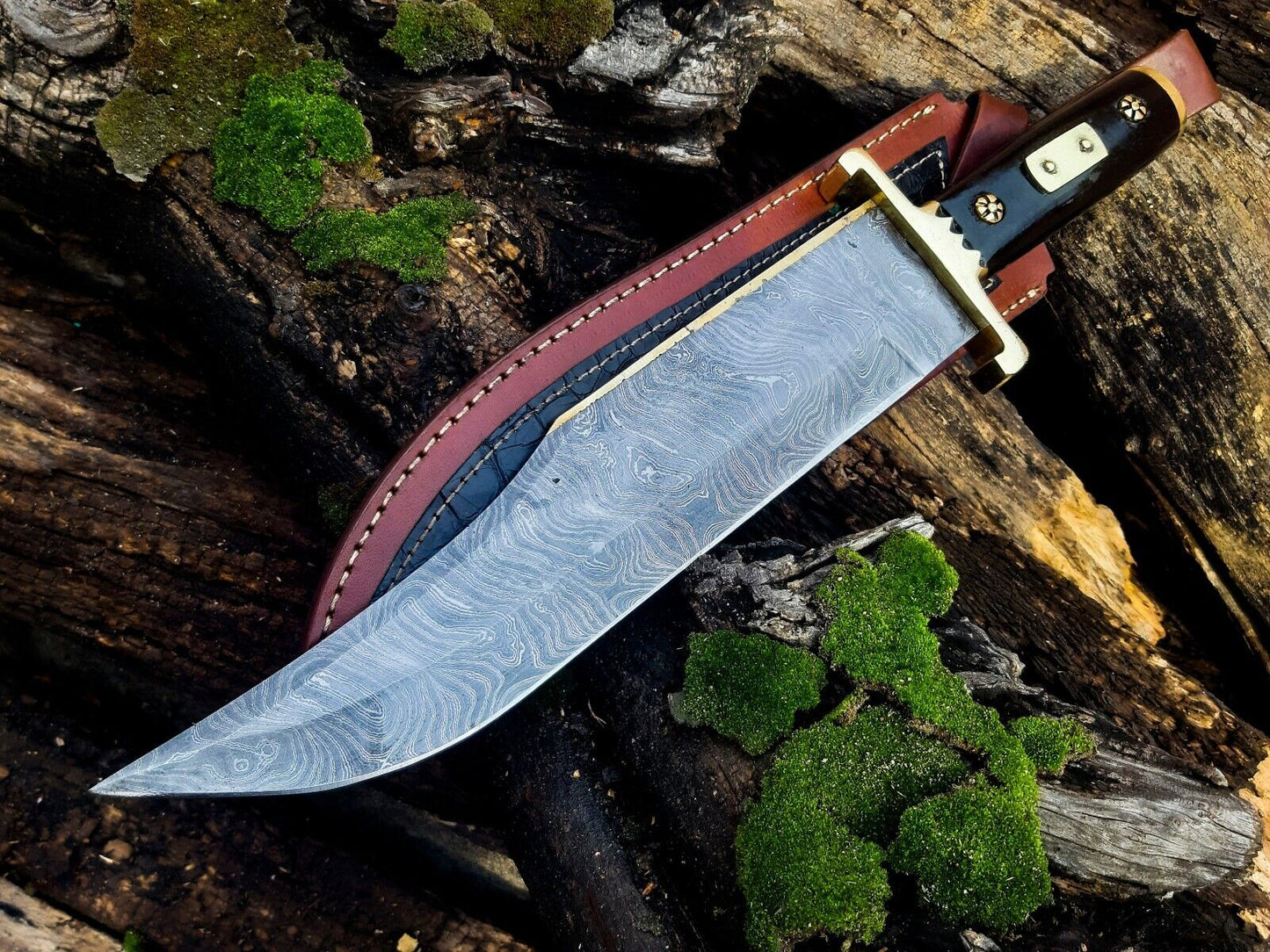 Texan Knives 13-Inch Damascus Steel Cowboy Bowie Knife with Buffalo Horn Handle & Leather Sheath – Perfect Gift for Knife Enthusiasts