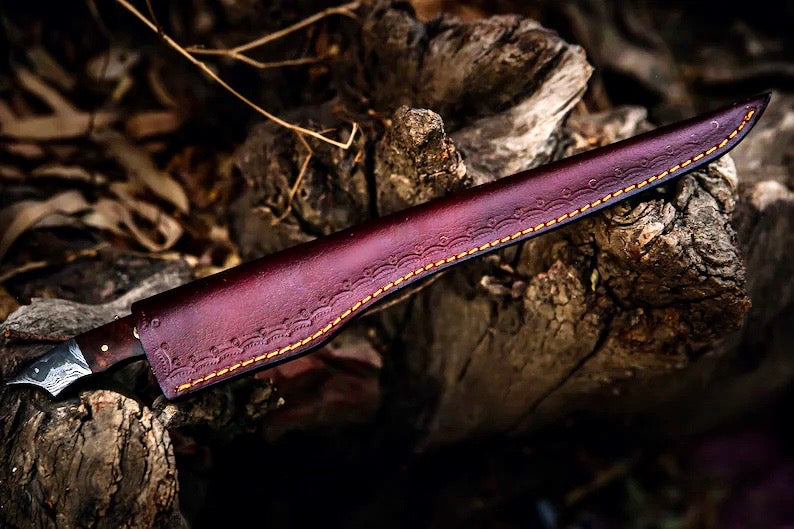 Texan Knives Handmade Damascus Steel Fish Fillet Knife – 13” with Rosewood Handle & Leather Sheath