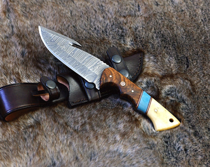 Texan Knives Premium Damascus Guthook Skinning Knife – Rosewood & Bone Handle – 10” Hunting Essential