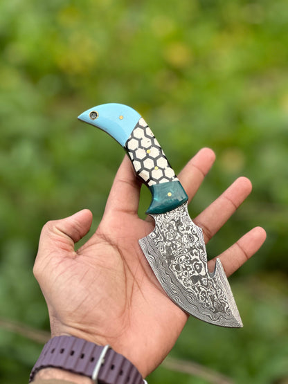 Texan Knives Custom Handmade Damascus Steel Guthook Skinning Knife – Resin Handle 7.5” with Leather Sheath