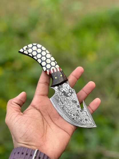 Texan Knives Custom Handmade Damascus Steel Guthook Skinning Knife with Rosewood & Resin Handle - 7.5” with Leather Sheath