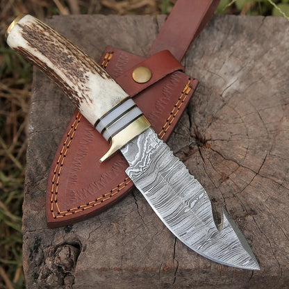 Texan Knives Custom Handmade Damascus Steel Guthook Skinning Knife – 9" Stag Horn & Brass Guard with Leather Sheath