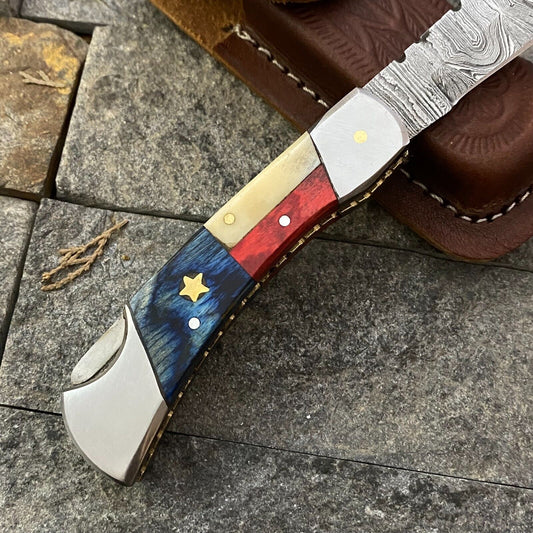 Texan Knives Damascus Steel Pocket Knife with Texas Flag Handle – 3" Blade, Leather Sheath