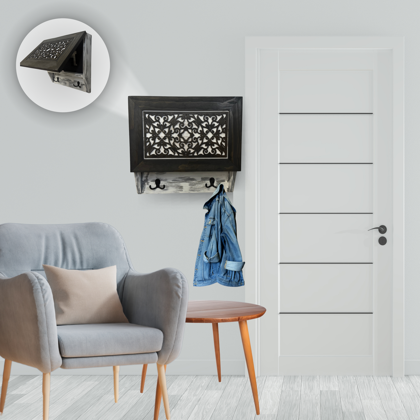 Bellewood Designs - Rustic Diamond Hidden Gun Cabinet – Ornate Concealment Coat Rack with Multi-Purpose Hooks