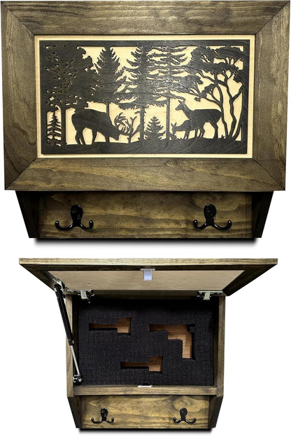 Bellewood Designs - Gun Concealment Furniture - Deer Hunter Coat Rack Hidden Wall Safe with Hooks for Coats, Bags, & Hats - Quick Access Hidden Gun Storage - Wood Gun Cabinet with Secure Magnetic Lock