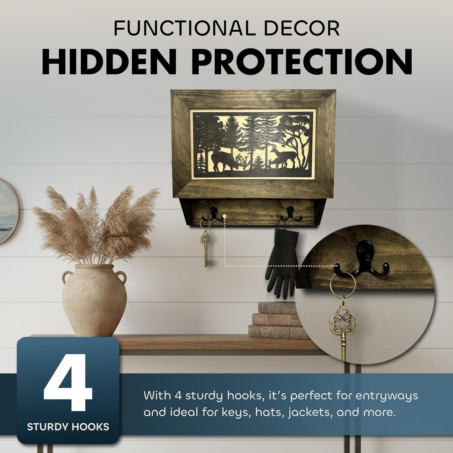 Bellewood Designs - Gun Concealment Furniture - Deer Hunter Coat Rack Hidden Wall Safe with Hooks for Coats, Bags, & Hats - Quick Access Hidden Gun Storage - Wood Gun Cabinet with Secure Magnetic Lock