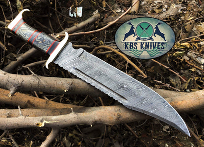 KBS Knives Western Outlaw Bowie Knife - Custom Handcrafted Damascus Steel Blade, Exotic Wood Handle, Red Fiber Spacers, Brass Guards, 16" Overall Length | Leather Sheath | KBS Knives