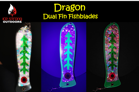 Ice Strong Outdoors - 10" or 12" Chrome/Glow Fishblades - Dragon/Dragon Slayer/Blue Tron/Green Tron