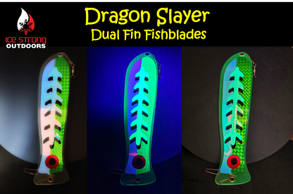 Ice Strong Outdoors - 10" or 12" Chrome/Glow Fishblades - Dragon/Dragon Slayer/Blue Tron/Green Tron