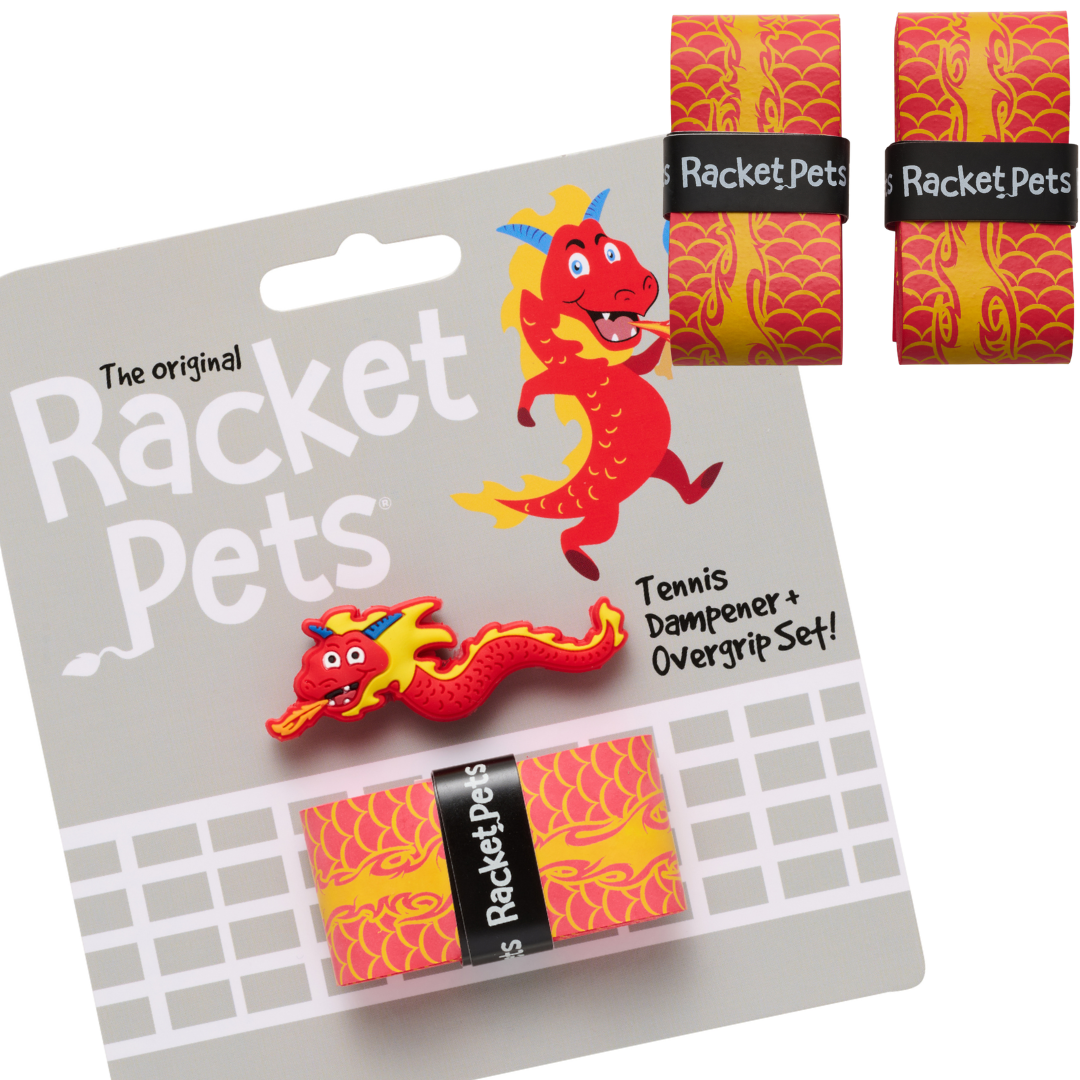 Racket Pets Value Pack - A Red Dragon Racket Pet Tennis Dampener and Overgrip Tape with a (Pack of 2) Replacement Overgrip Tape