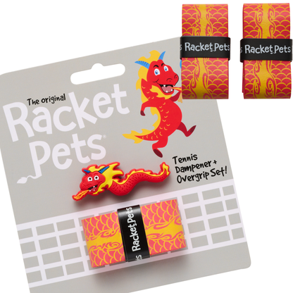 Racket Pets Value Pack - A Red Dragon Racket Pet Tennis Dampener and Overgrip Tape with a (Pack of 2) Replacement Overgrip Tape