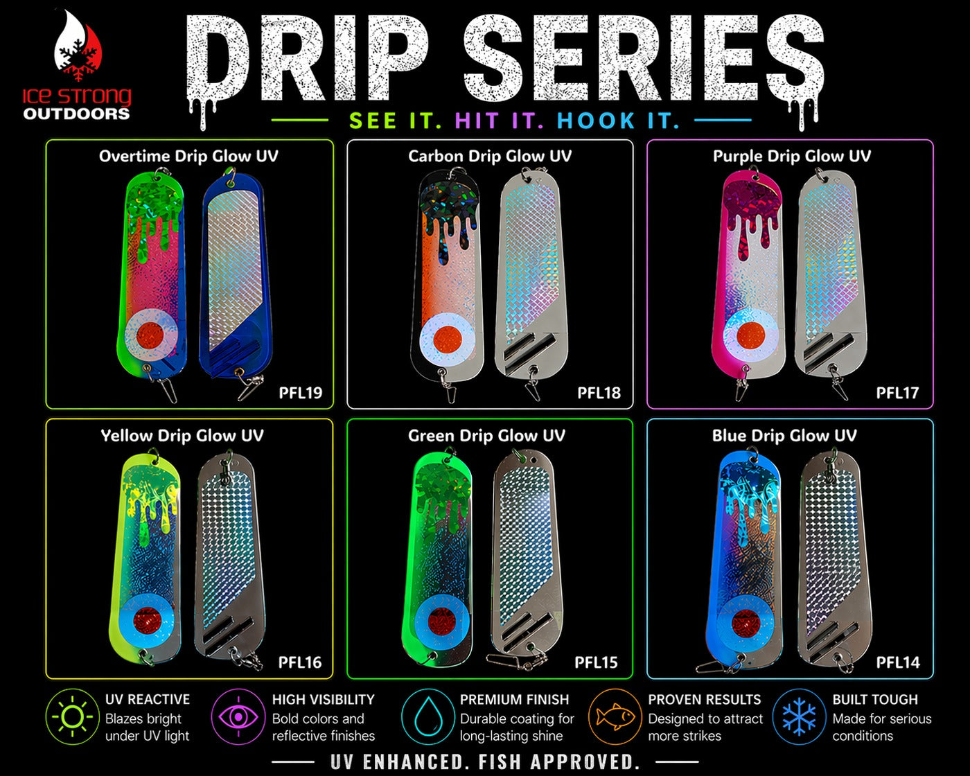 Ice Strong Outdoors - 8.5" Dual Fin Flasher Series - Painted Glow/UV Series - NEW 2026!