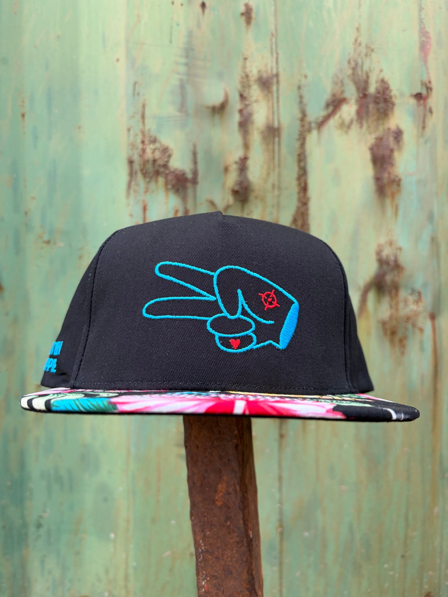 Hustlin Hippie PL Series 5 Panel Snapback Hat- BLACK/FLOWER- BLUE LOGO w/ BOLD style
