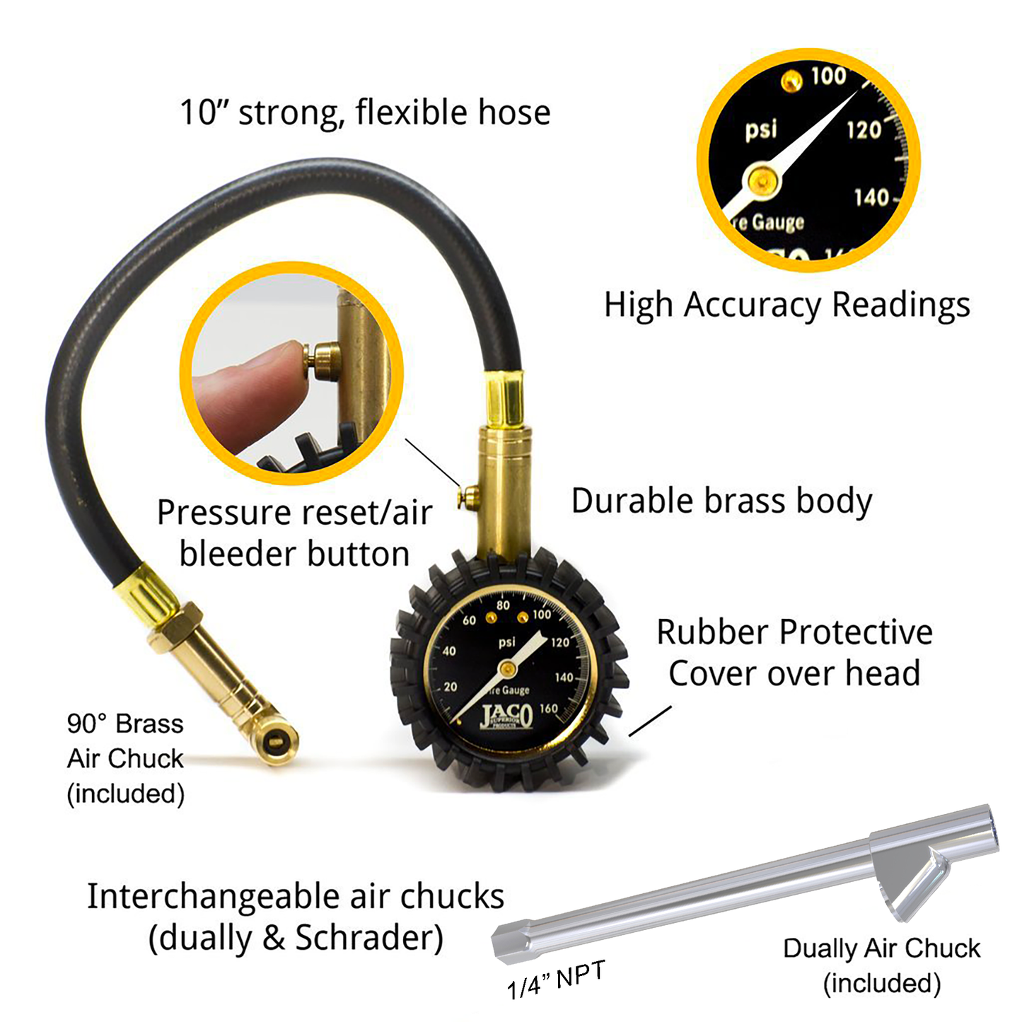 Jaco EliteProPlus™ Tire Pressure Gauge with Dually Air Chuck - 160 PSI