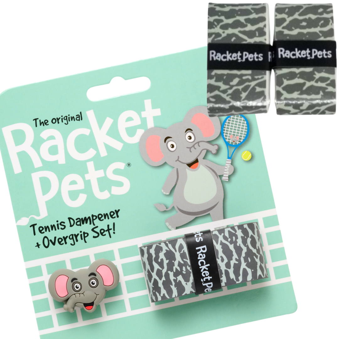 Racket Pets VALUE PACK - A Gray Elephant Racket Pet Tennis Dampener and Overgrip Tape with a (Pack of 2) Replacement Overgrip Tape