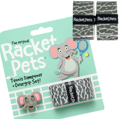 Racket Pets VALUE PACK - A Gray Elephant Racket Pet Tennis Dampener and Overgrip Tape with a (Pack of 2) Replacement Overgrip Tape