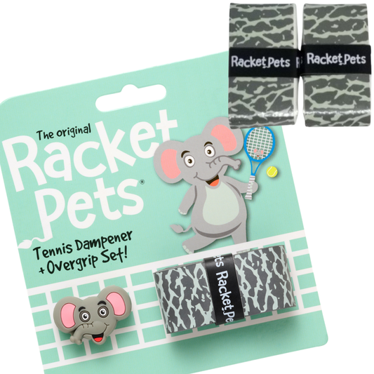 Racket Pets VALUE PACK - A Gray Elephant Racket Pet Tennis Dampener and Overgrip Tape with a (Pack of 2) Replacement Overgrip Tape