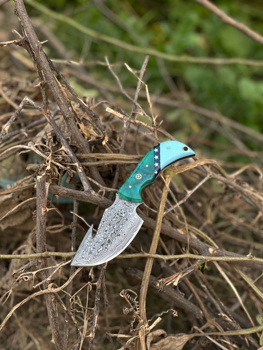 Texan Knives Elite Custom Handmade Damascus Steel Guthook Skinning Knife with Resin Handle - 7.5” Premium Blade with Leather Sheath