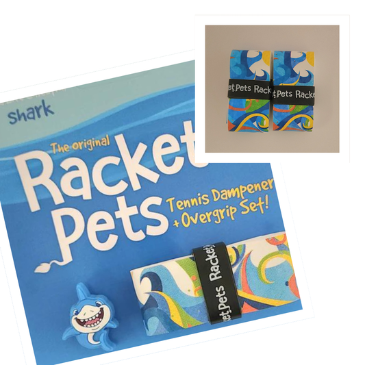 Racket Pets VALUE PACK - A Blue Shark Racket Pet Tennis Dampener and Blue Overgrip Tape with a (Pack of 2) Replacement Overgrip Tape