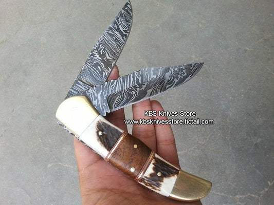 KBS Knives Everyday Carry Custom Handcrafted Damascus Steel Double Blade Folding Pocket Knife – The Dual Edge
