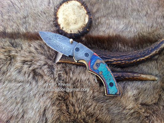 KBS Knives Everyday Carry Damascus Steel Folding Pocket Knife with Multi-Color Wood Handle – The SpectrumEdge