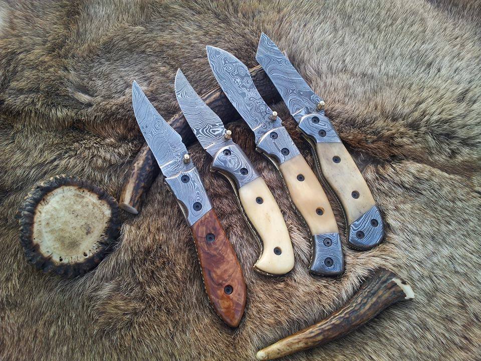 KBS Knives Everyday Carry Deal of 3 Damascus Steel Folding Pocket Knives with Bone and Burl Olivewood Handles – The Trio Edge