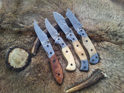 KBS Knives Everyday Carry Deal of 3 Damascus Steel Folding Pocket Knives with Bone and Burl Olivewood Handles – The Trio Edge