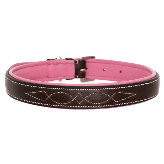 Bridles & Reins ExionPro Fancy Stitched Padded Leather Dog Collar - Pink Padding