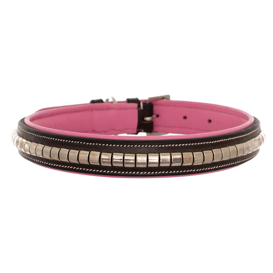 Bridles & Reins ExionPro Silver Clincher Padded Leather Dog Collar - Pink Padding