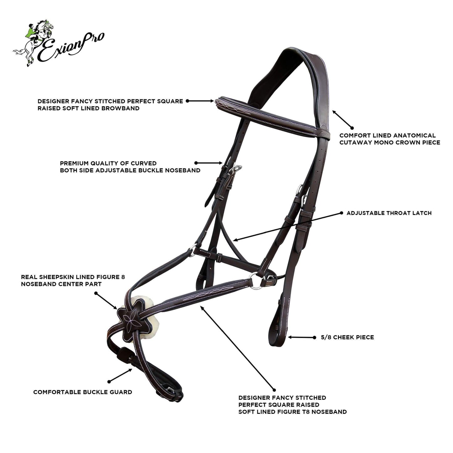 Bridles & Reins ExionPro Padded Ear Free Monocrown Crown Piece Figure 8 Bridle & Reins