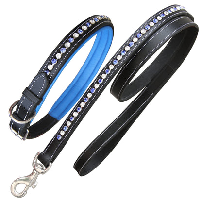 Bridles & Reins ExionPro White & Blue Bling Dog Collar With Leash