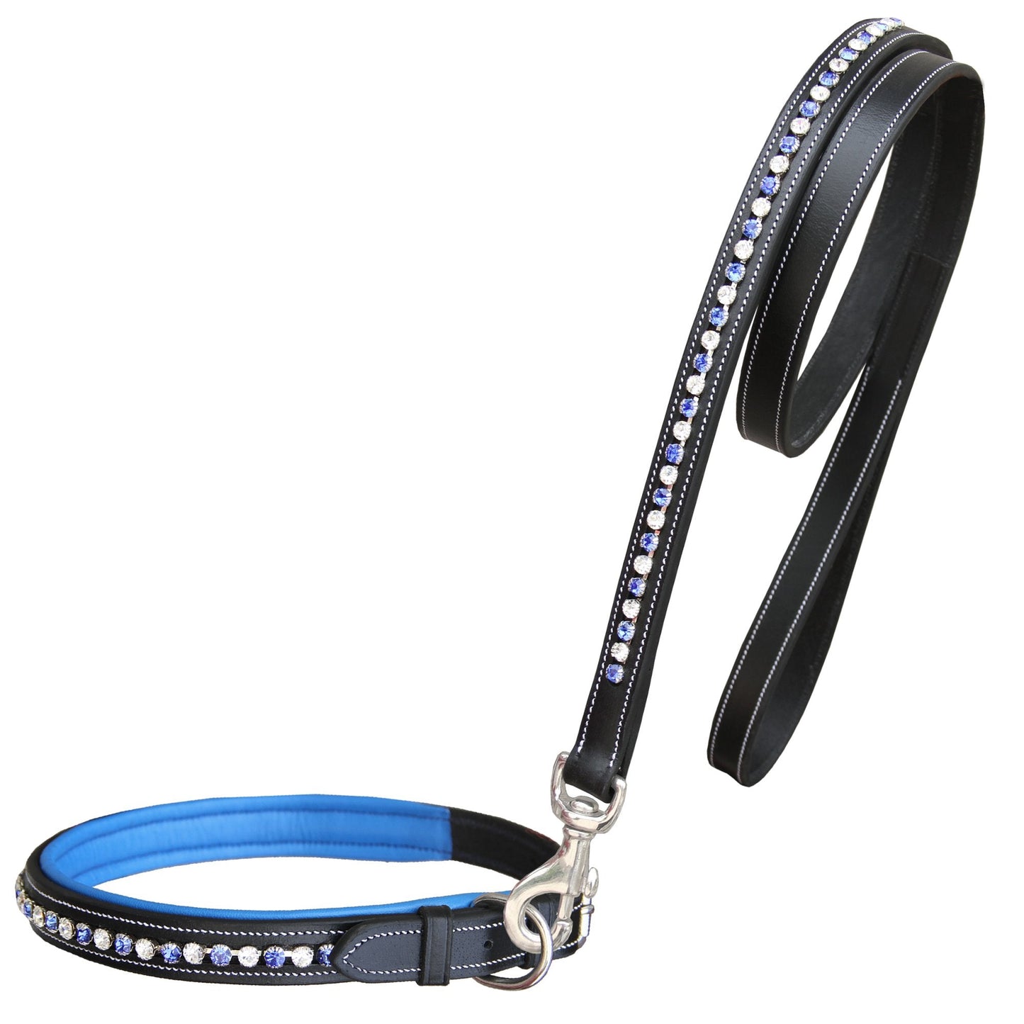 Bridles & Reins ExionPro White & Blue Bling Dog Collar With Leash