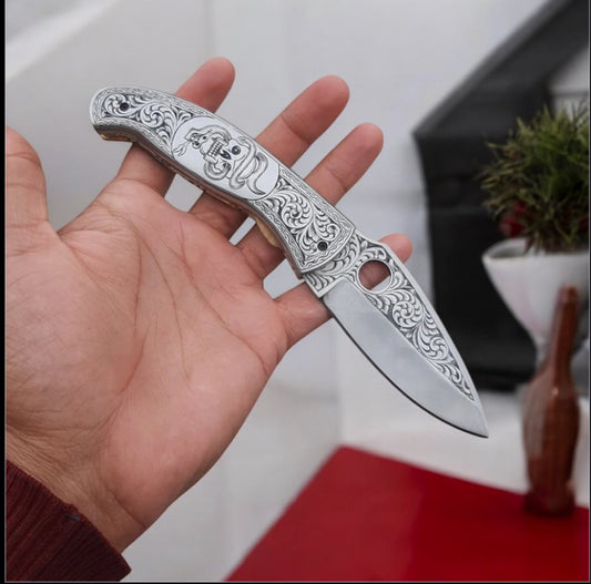 Texan Knives Hand Engraved J2 Steel Pocket Knife – 7.5" Folding EDC with Leather Belt Loop Case