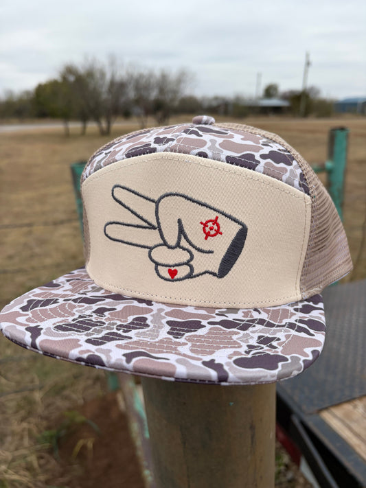 Hustlin Hippie PL Series 7 Panel Mesh Snapback- TAN/CAMO- GREY LOGO w/ BOLD style