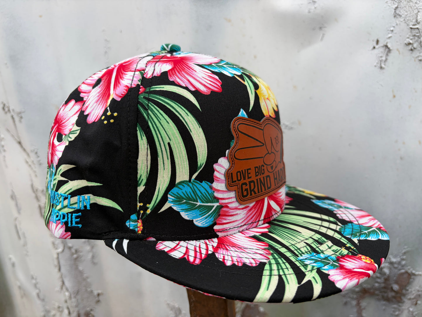Hustlin Hippie PL Series 5 Panel Snapback Hat- FLORAL- “Love Big, Grind Hard” Patch