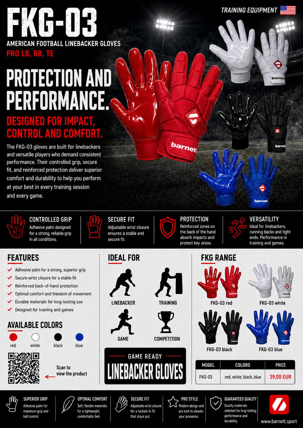 Barnett FKG-03 High level linebacker football gloves, LB,RB,TE, Black