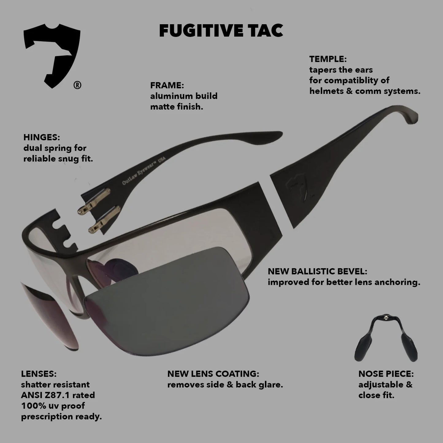Outlaw Eyewear - Fugitive TAC Op Aluminum Sunglass Black Frame Transition Day-Night Pathfinder X Lens, with Multicam hat and Retaining cord