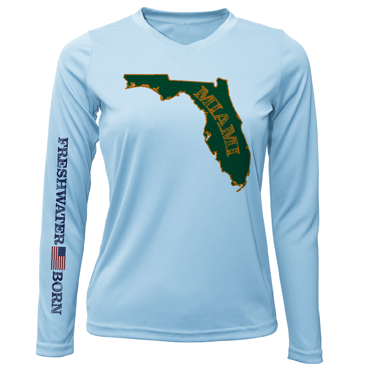 Saltwater Born Miami Orange and Green Freshwater Born Women's Long Sleeve UPF 50+ Dry-Fit Shirt