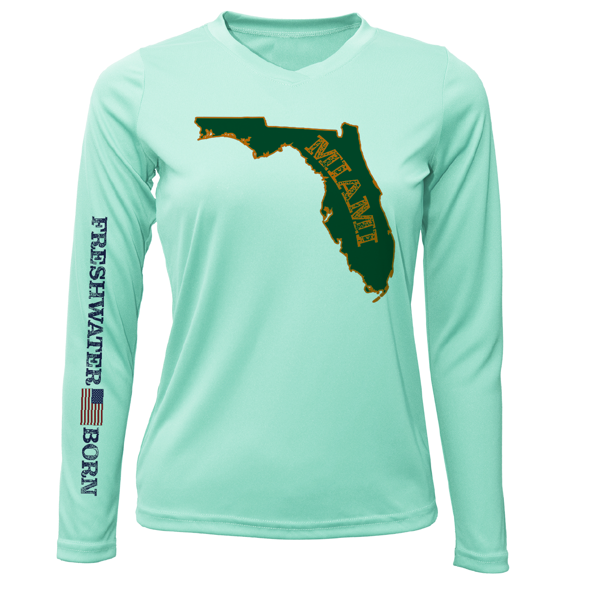 Saltwater Born Miami Orange and Green Freshwater Born Women's Long Sleeve UPF 50+ Dry-Fit Shirt