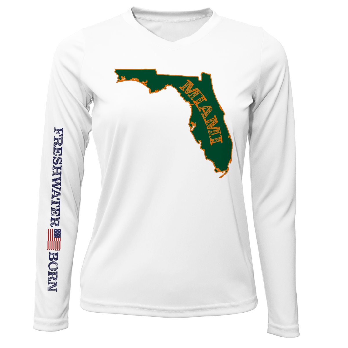 Saltwater Born Miami Orange and Green Freshwater Born Women's Long Sleeve UPF 50+ Dry-Fit Shirt