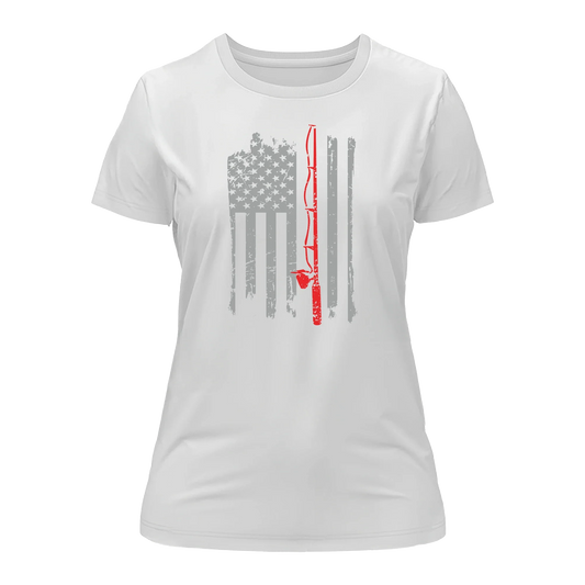 Outdoorzees Fishing Rod American Flag T-Shirt for Women