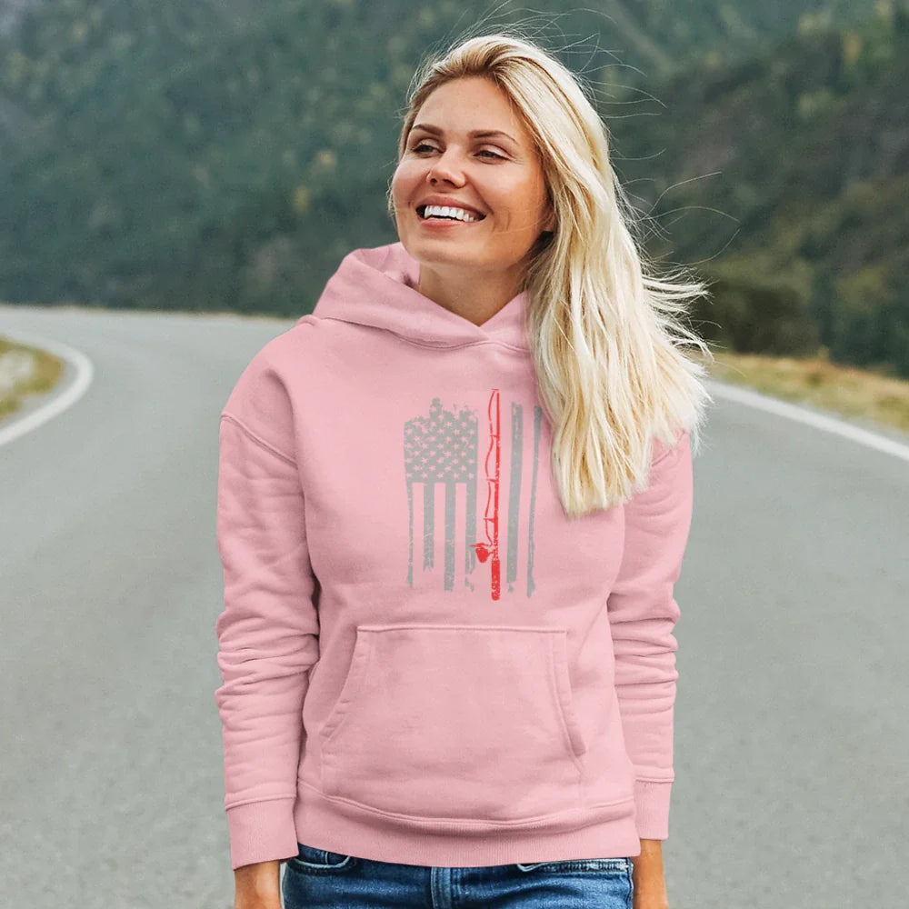 Outdoorzees Fishing Rod American Flag Unisex Hoodie