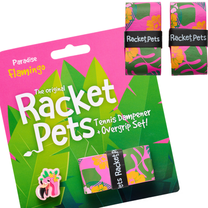 Racket Pets VALUE PACK - A Pink Flamingo Racket Pet Tennis Dampener and Pink Overgrip Tape with a (Pack of 2) Replacement Overgrip Tape
