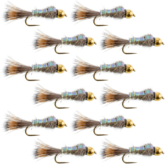 The Fly Fishing Place Barbless Bead Head Flash Back Gold Ribbed Hare's Ear Nymph 1 Dozen Flies Hook Size 16