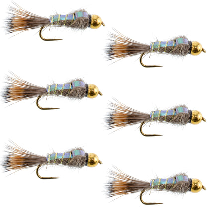The Fly Fishing Place Barbless Bead Head Flash Back Gold Ribbed Hare's Ear Nymph 6 Flies Hook Size 10