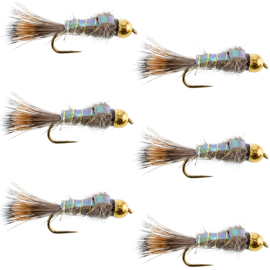 The Fly Fishing Place Barbless Bead Head Flash Back Gold Ribbed Hare's Ear Nymph 6 Flies Hook Size 14