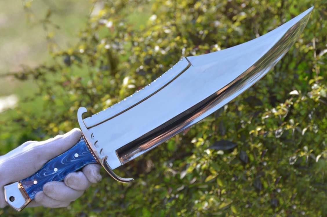 KBS Knives Full Tang Bowie Knife with Leather Sheath for Sale – Custom Handmade Mirror Polished D2 Steel Blade, Epoxy Resin Handle, Steel Guard & Brass Spacers | 17-Inch Hunting Knife – KBS Knives